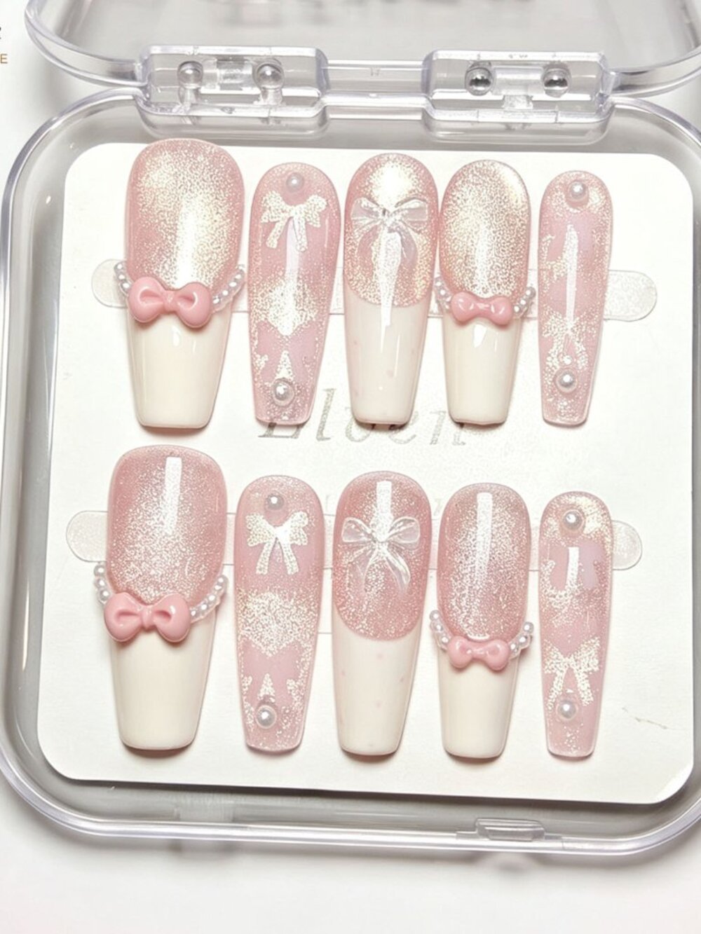 Coquette Handmade Press On Nails Long Coffin Pink Glitter French 3D Bow Pearl